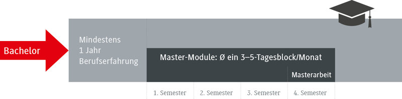 Ein Diagramm zeigt die Anforderungen für einen Masterabschluss, einschließlich Bachelor und Berufserfahrung.
